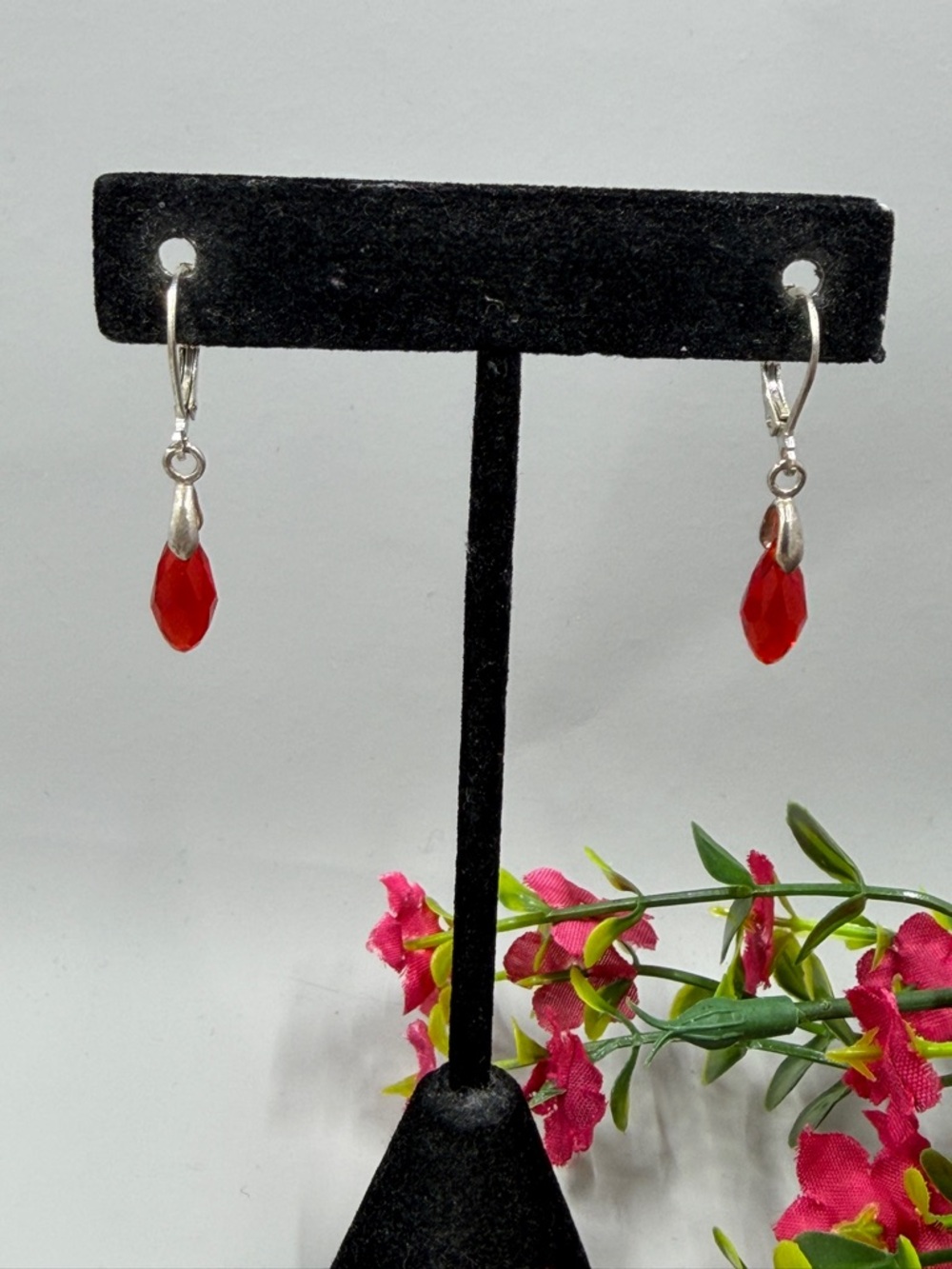 925 Sterling Silver and Genuine Red Crystal Teardrop Dangle Earrings
